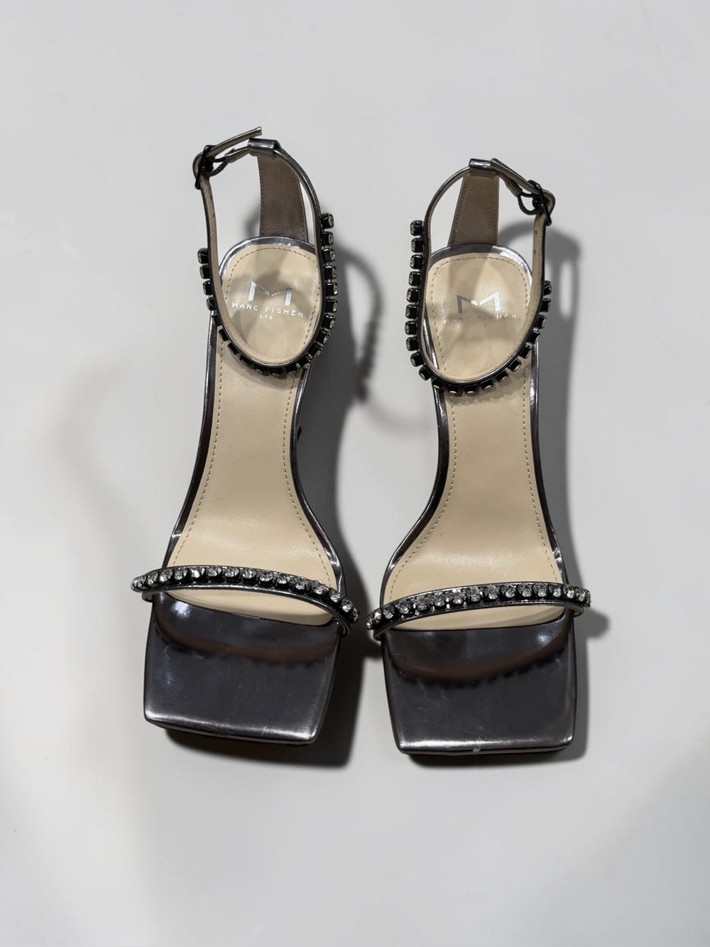 Marc Fisher Metallic Pewter Gem-Embellished Ankle-Strap Sandal - Picture 11 of 15